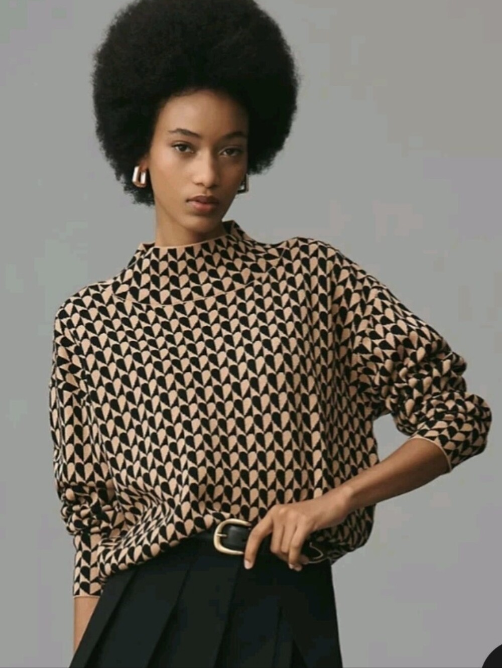 Geometric Print Mock Neck Top in Beige and Black